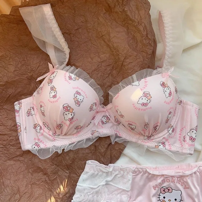 New Cute Anime Peripheral Cat Pattern Japanese Bra Girl Sweet Bow Lace Underwear Wireless Small Chest Bra Set Girl Gift - view 6