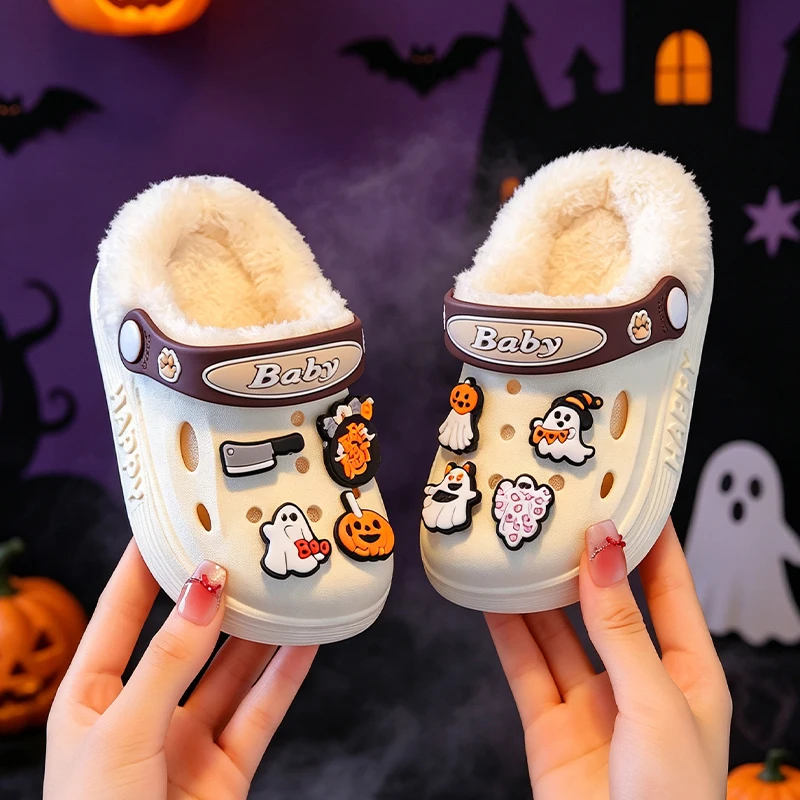 Niedliche Halloween-Geister-Kürbis-Dekoration, gefütterte Clogs für Kleinkinder, warme, rutschfeste Hausschuhe für Jungen und Mädchen. – Detail 3