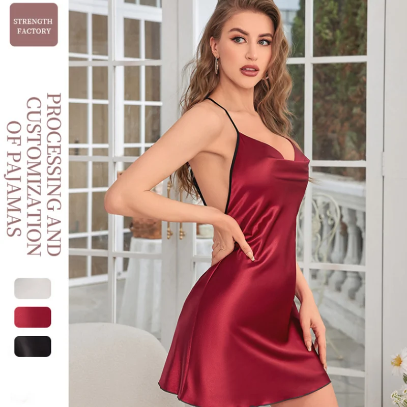 Satin Nightdress Women's V-neck Sexy Sleepwear Dresses Slip Dress Nightgown Ladies Summer