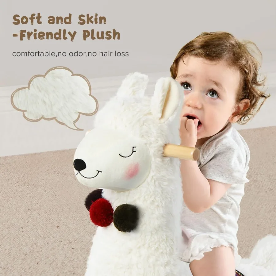 Baby Rocking Horse Wooden, Plush Stuffed Rocking Animals White, Kid Ride on Toys for 1-3 Years Old, Llama Rocking Horse for Girl