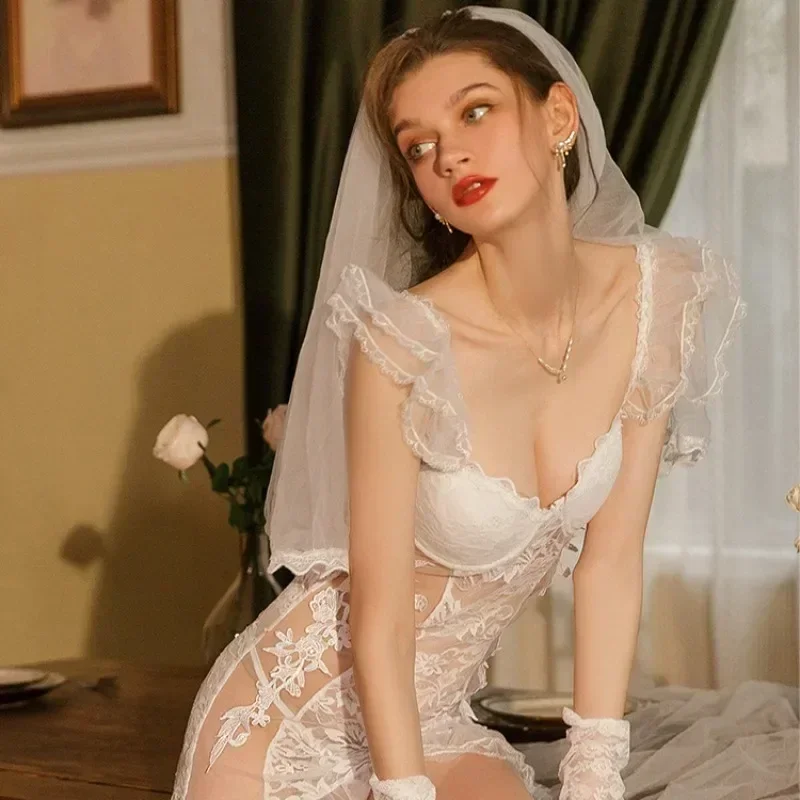 Sexy Underwear Dress Sleeping Dress Temptation Sexy Role Playing Thin Lace Perspective Mesh Long Dress Princess Wedding Lenceria