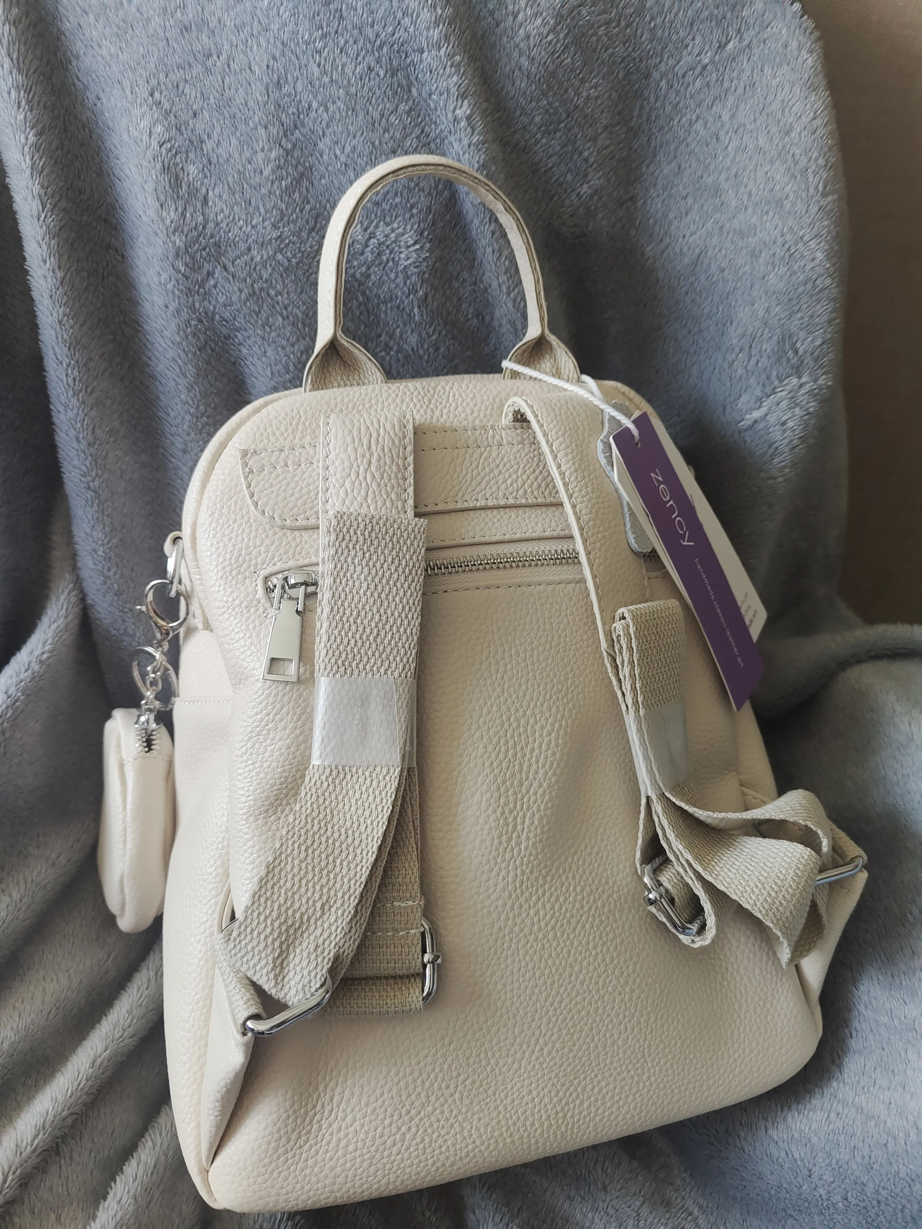 Zency Genuine Leather Women's Small Backpack High Quality Ladies Beige Shoulder Bag Satchel Rucksack Multifunctional Pockets