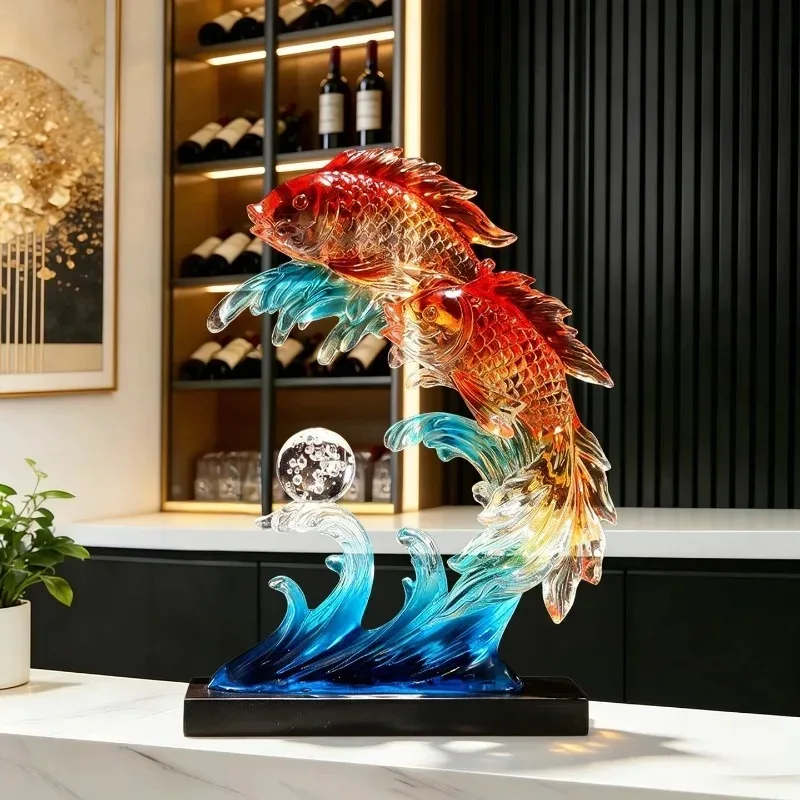 Colorful Double Goldfish Wave Ornament Transparent Resin Living Room Entrance Wine Cabinet Office Desktop Art Decoration Gift