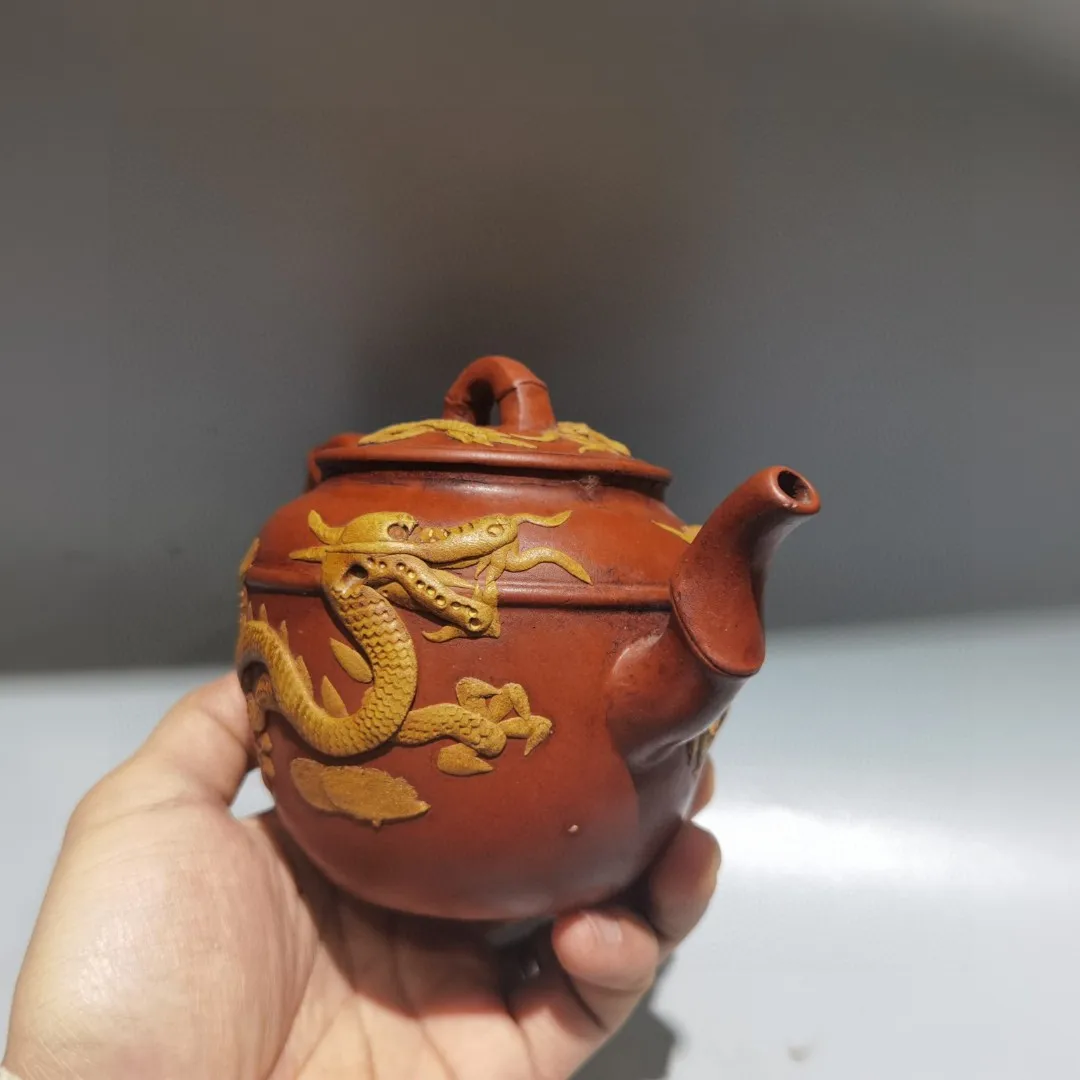 

6"Chinese Yixing Purple Clay Teapot Chinese Loong Statue Bamboo High Relief Dragon Pattern Teapot Kettle Pot Tea Maker