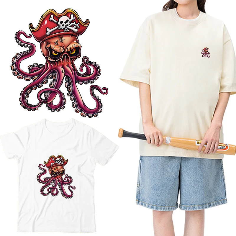 Cartoon pirate octopus Iron on Patches for Clothes Transfer DTF Transfers Ready to Press Patch Shirts Heat transfer stickers