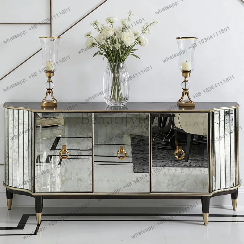 American light luxury entrance decorative cabinet gold antique pattern mirror glass wall cabinet