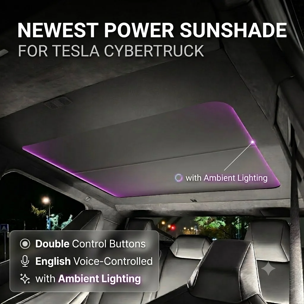 New Electric Power Sunshade English Voice Controlled RGB Ambient Lighting Dual Control Buttons Roof Blind for Tesla Cybertruck