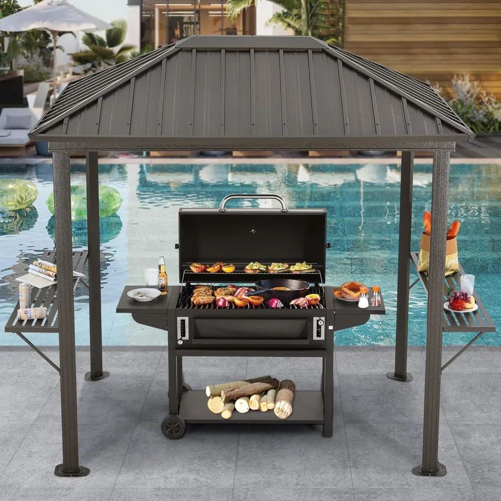 Grill Hardtop Gazebo 6x8 - Metal Hard Top Gazebo, Permanent Galvanized Steel BBQ Gazebo Aluminum Framed Pavilion with Shelves