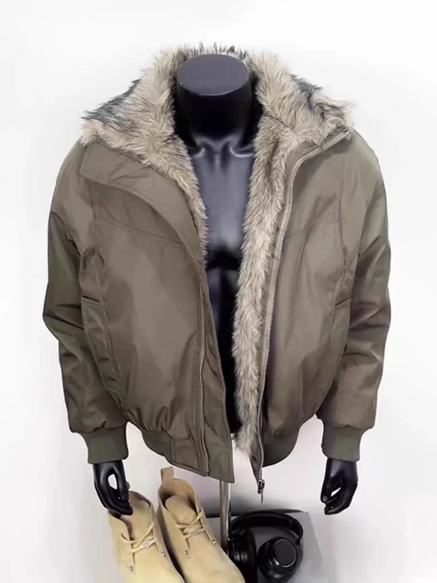 

Thiened Winter Pilot Jaet Men's Sle Warmth Assurance eeni Brown American Retro Cotton Coat with Fur Collar Workwear