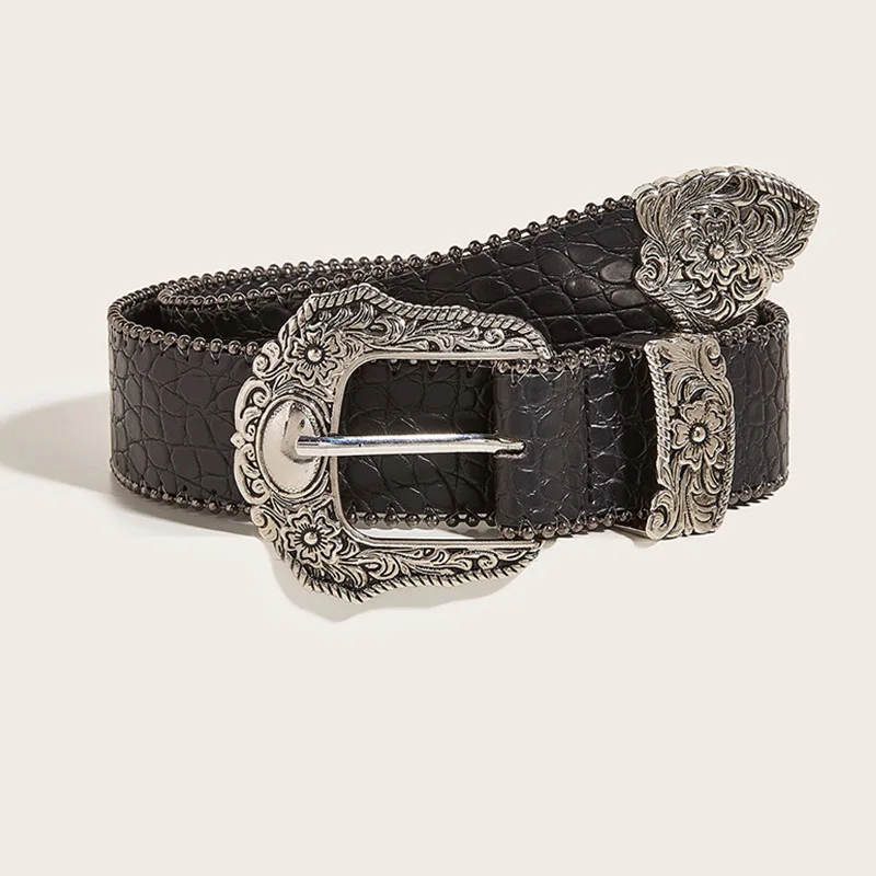 3.8cm Crocodile Pattern Genuine Leather Carved Buckle Belt Retro Women's Ethnic Style Decoration Suit Black Needle Buckle Belt