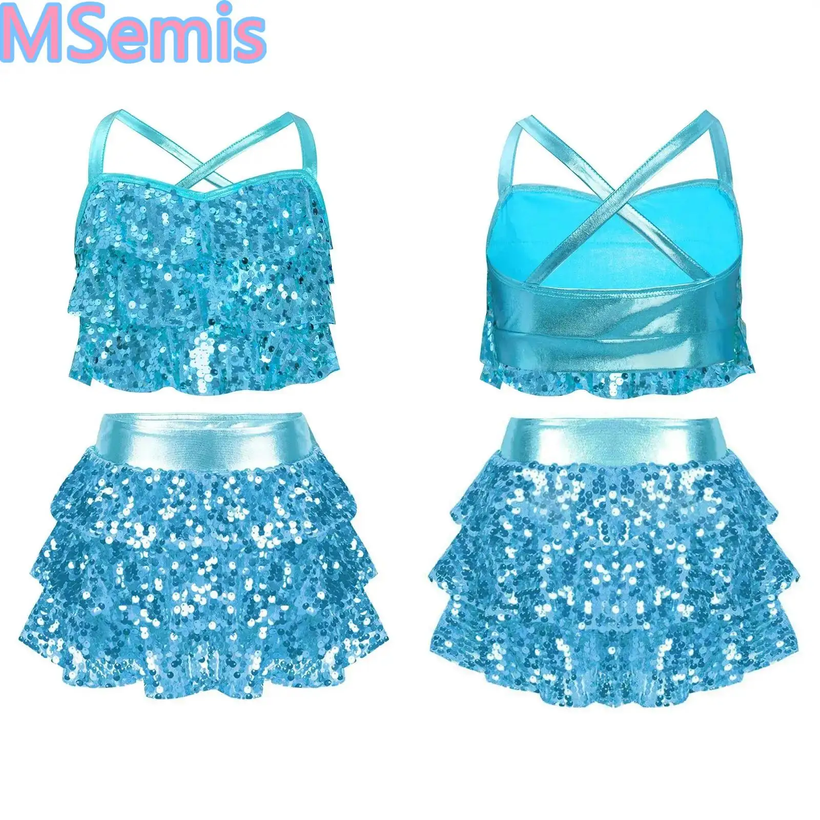 Kids Girls Glittery Sequins Dance Sets Tiered Ruffles Cross Back Metallic Crop Top with Culottes for Jazz Performance Costume
