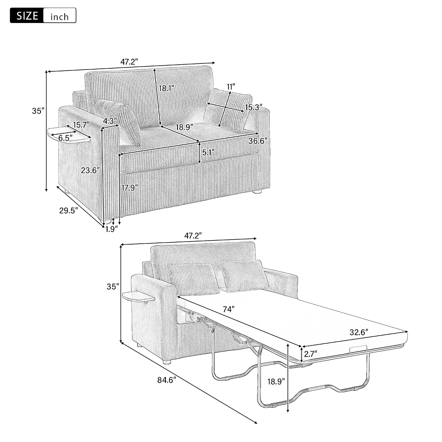 Sleeper Sofa Bed, 47.2