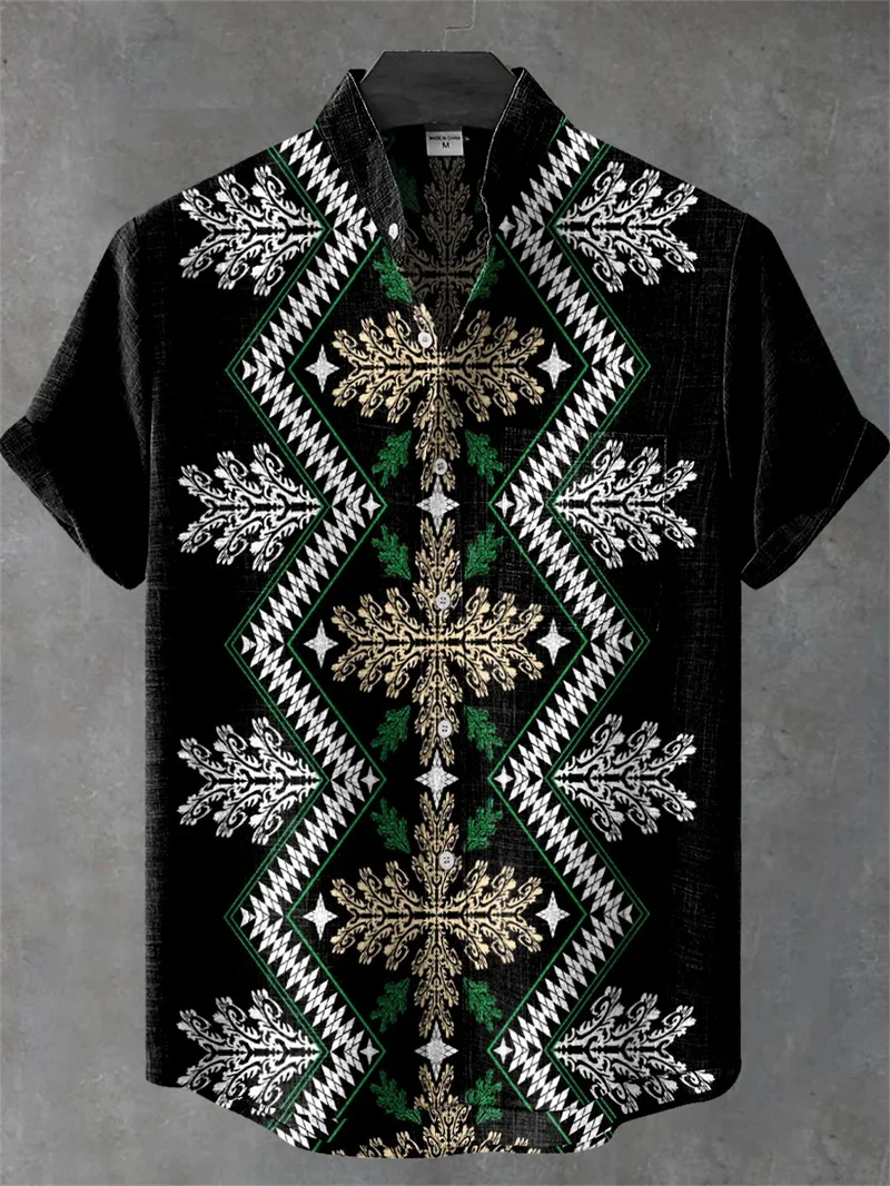 New Vintage Style Men's Linen Short Sleeve Shirt Casual Fashion Holiday High Quality Printed Shirt Casual Ethnic Style