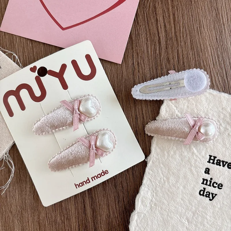 Korean Style Pink Color Velvet Hair Clips for Girls Pearl Bow Drop Shape BB Barrettes Cute Side Part Hairpins for Toddler Kids