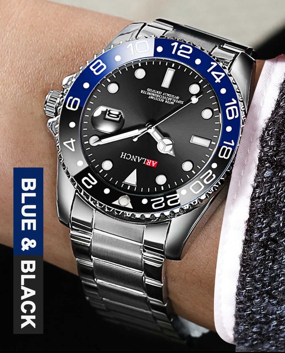 Business-Edelstahluhr 40mm Klassische Rot-Blaue Kreis-Taucheruhr mit Vergrößerungsglas und Kalender Quarzuhren montre homme – Detail 11