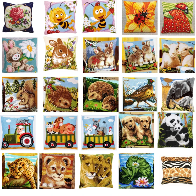 Coussin au point de croix DIY, kit de broderie de tapis, oreiller au point de croix, tapisserie style animaux