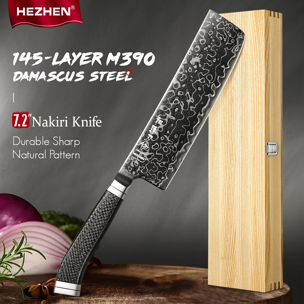 HEZHEN 7.2-inch Nakiri Knife M390 Steel Core 60±2 HRC 145-Layer Damascus Steel DLC Blade Carbon Fiber Handle