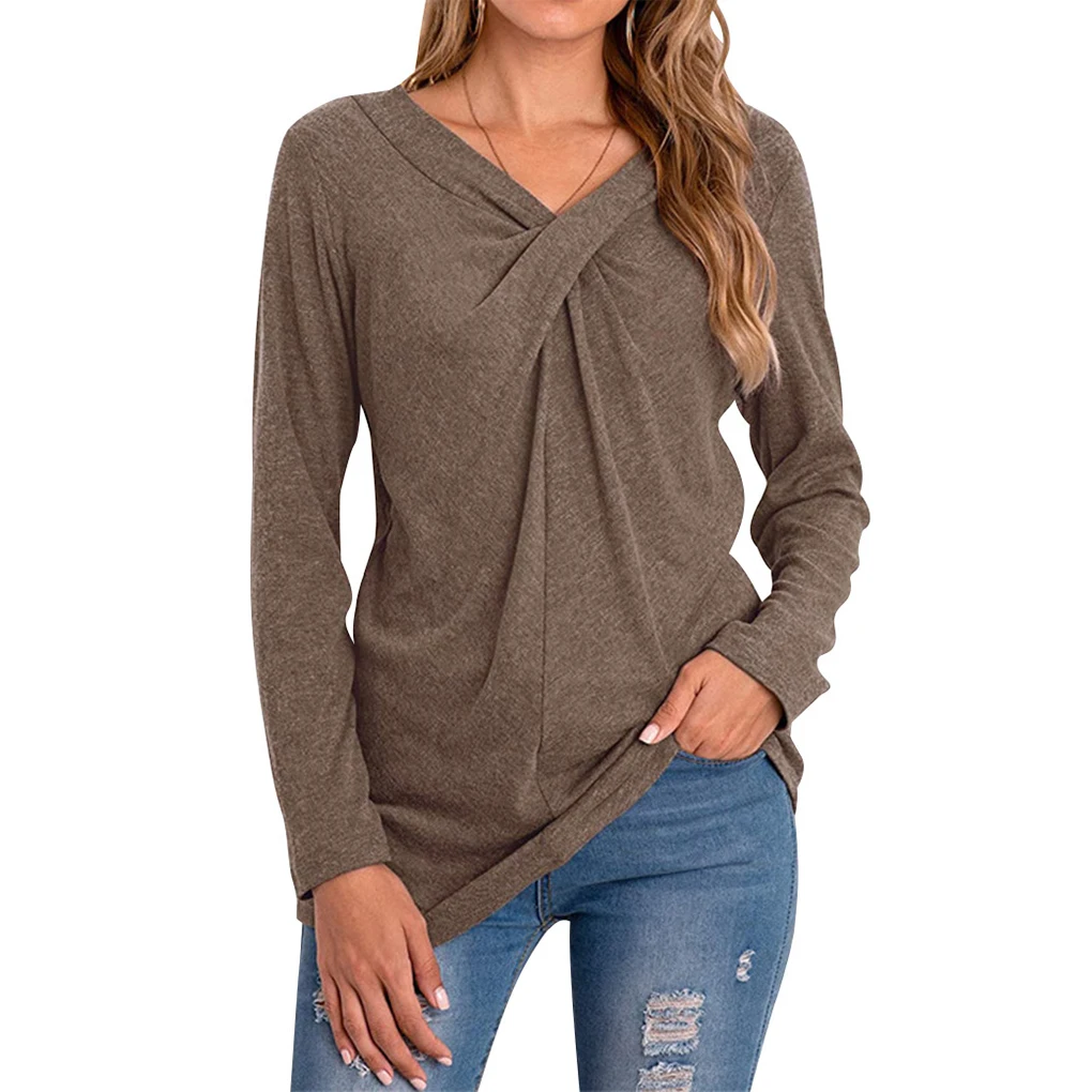 เสื้อยืดผู้หญิง เสื้อคอวี แขนยาว เสื้อสีทึบ เสื้อยืด สีดำ ไซส์ L