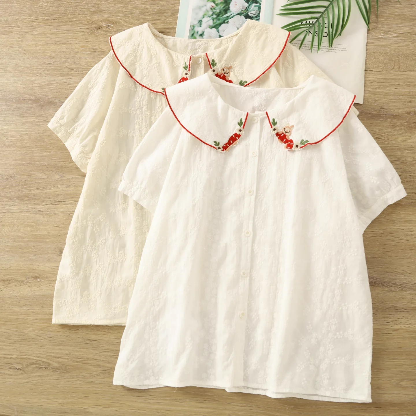 

2025 Mori girl summer Japan style sweet peter pan collar cotton white beige embroidered shirts and blouses sweet cute clothes
