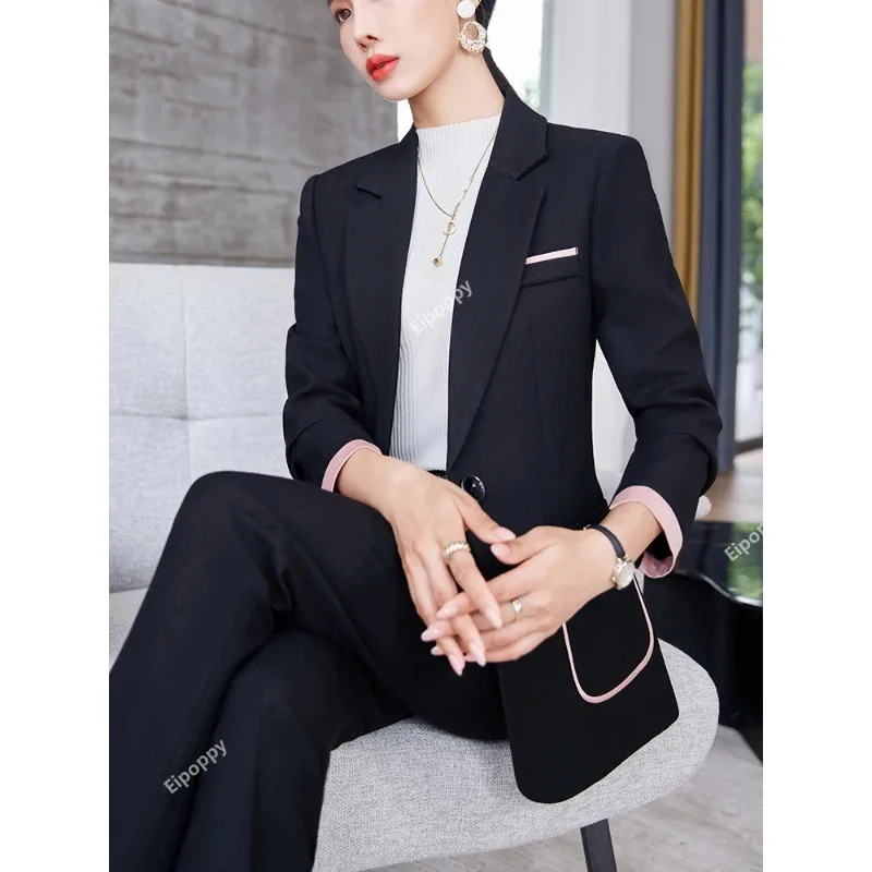 2024 New Khaki Black Beige Women Pant Suit Ladies Blazer e pantaloni donna formale lavoro aziendale 2 pezzi Set con tasca