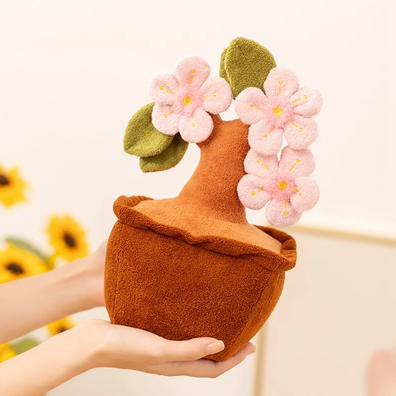 Realista vaso de plantas série pelúcia tulipa lótus estante decoração boneca macia kawaii flor pêssego para meninas presentes aniversário