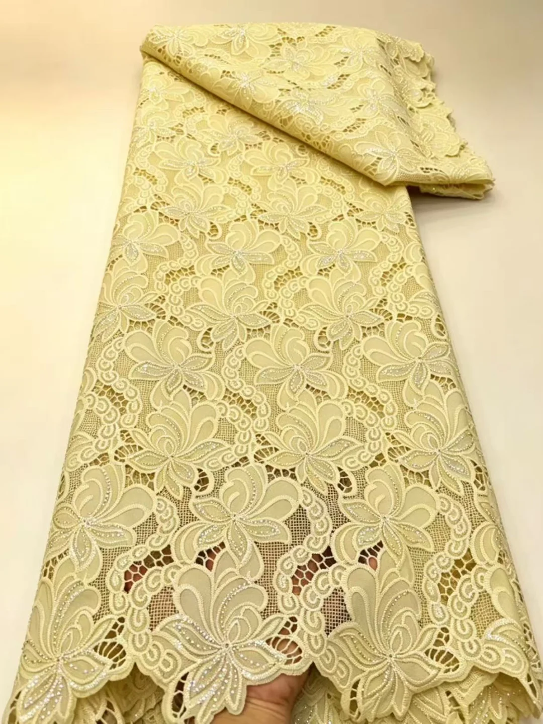 African Cord Lace Fabrics 5 Yards 2026 High Quality Nigerian Guipure Sequins Beaded Lace Fabric For Women Wedding Dresses