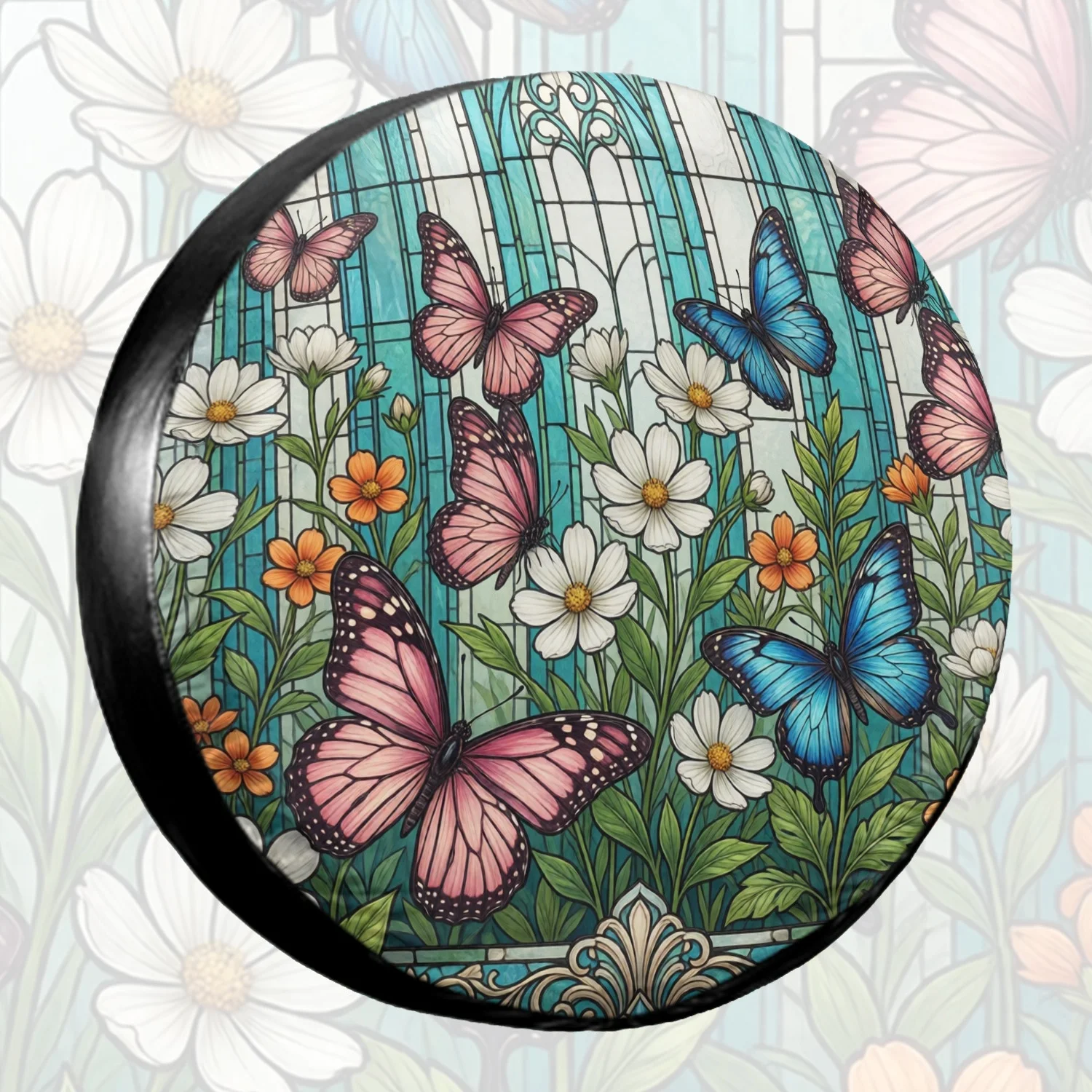 1pc Spare Tire Cover Butterfly Flower Stained - Glass Style Pattern Weatherproof Dustproof Wheel Protectors Universal Wheel Cove