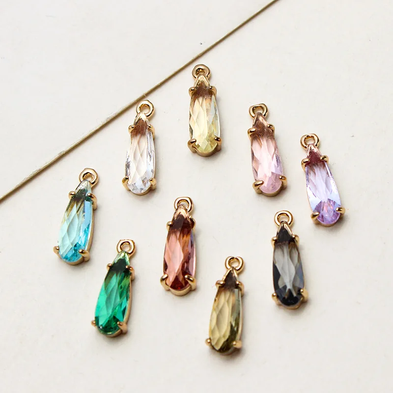 1pcs Diy Accessories Copper Edge Rare Earth Glass Gold-plate Long Water Drop Small Pendant Earrings Necklace Material Charms