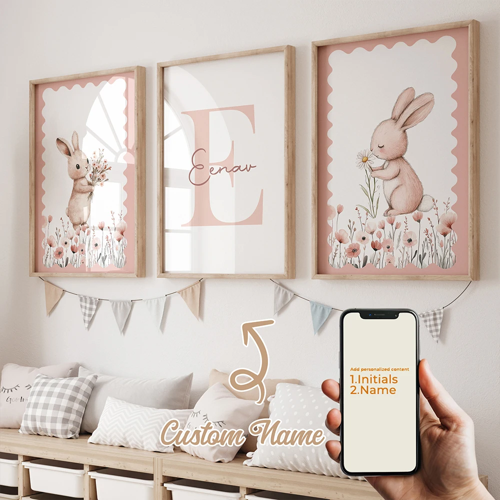 3 Stück personalisierte benutzerdefinierte Cartoon-Wandkunst mit Namen, rosa Kaninchen, Kunstdruck, Bild, Leinwand, Poster, Gemälde für Wohnzimmer, Heimdekoration