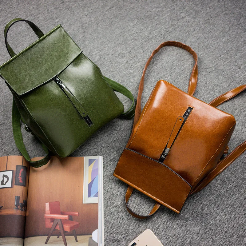 

2025 Oil Wax Backpack Genuine Leather Women's New Korean Fashion Versatile Cowhide Single Shoulder Bag