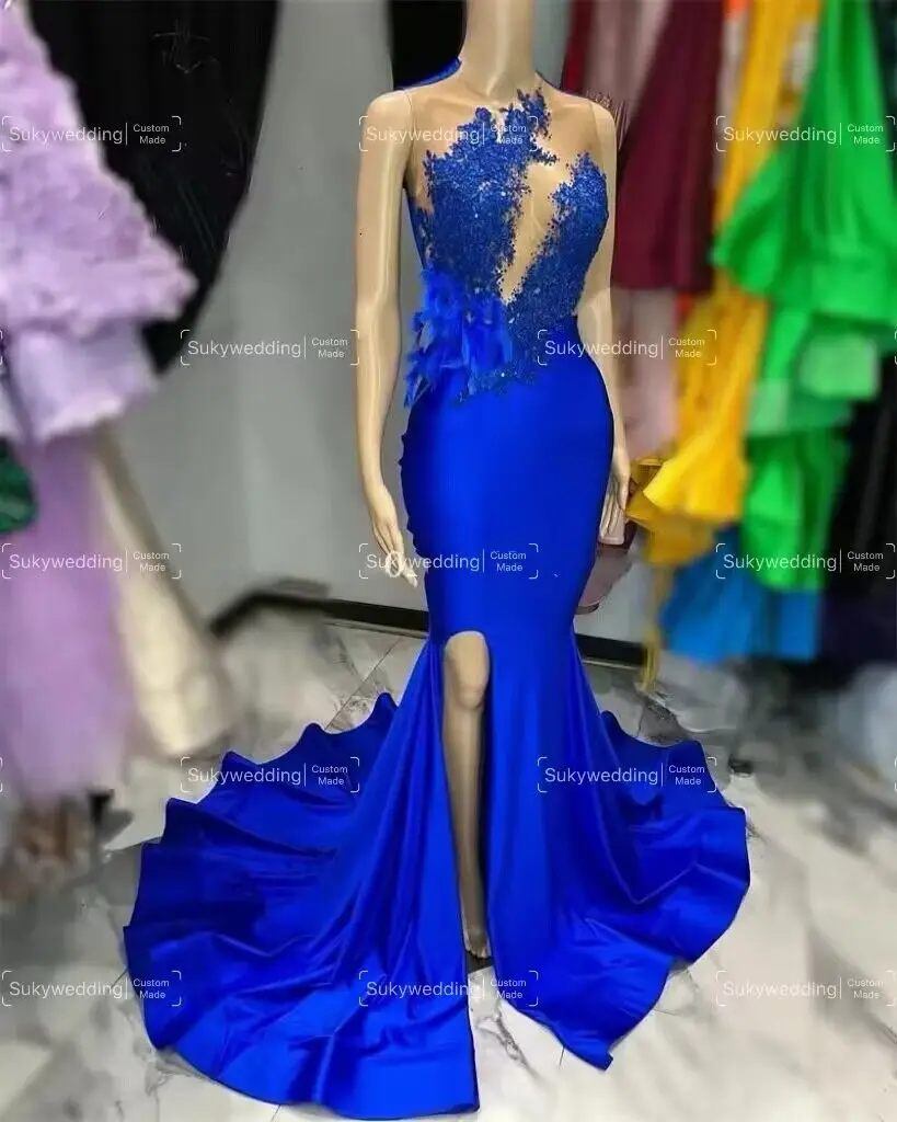 Royal Blue Mermaid Prom Dresses Long O Neck Feather Applique Lace Trumpet Side Slit African Formal Occasion Dresses Customized