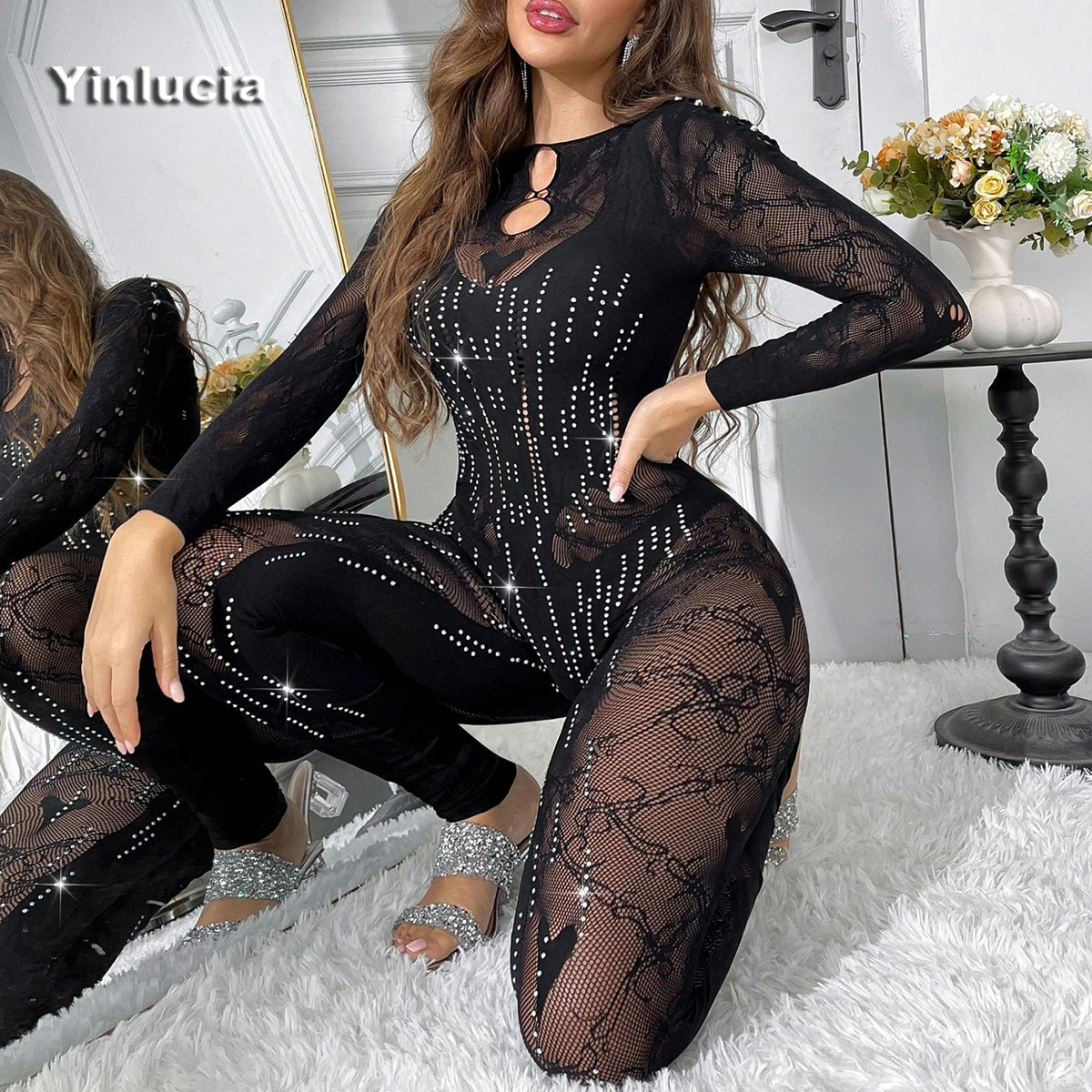 Sexy Shinny Diamond Hollow Out Jumpsuit Pants Long Sleeves Pants Knitted Base Bodysuit Shirt Slim Soft High Elastic Hot Babes