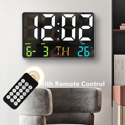 LED Digital Wall Clock Alarm Clock with Remote Control Large Screen Electronic Clock Temperature Date Day Display Wall Clock