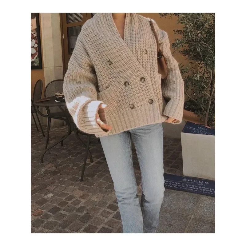 EL@BO *N @ Sweater Women\'s New Small Brand Designer V-neck Korean Double Breasted Knitted Jacket for Autumn and Winter 2024