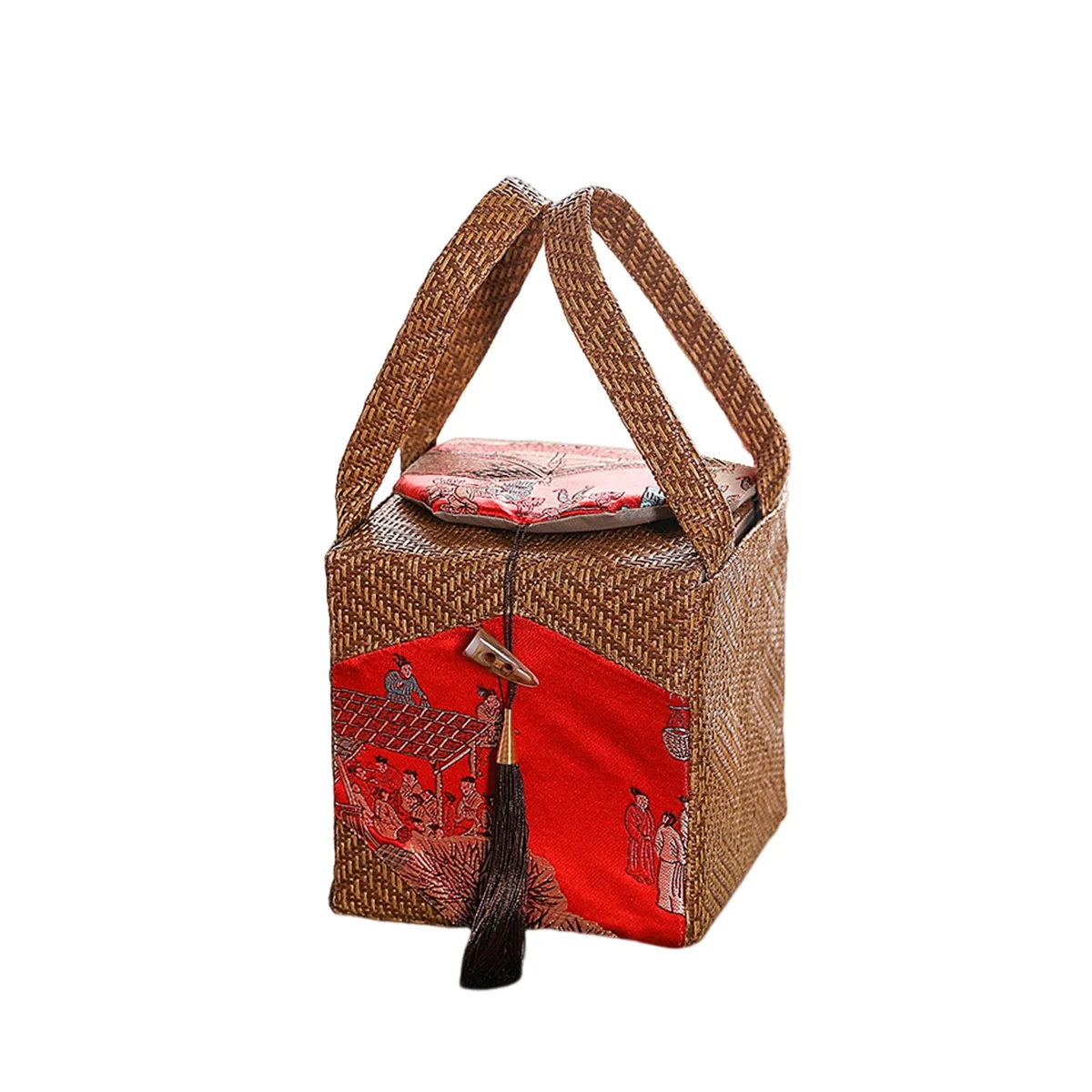 Rattan Fabric Teapot Storage Bag Ceramic Tea Pot Tea Cozies Cloth Gift Box Empty Bag with Tassels Chinese Style StorageA