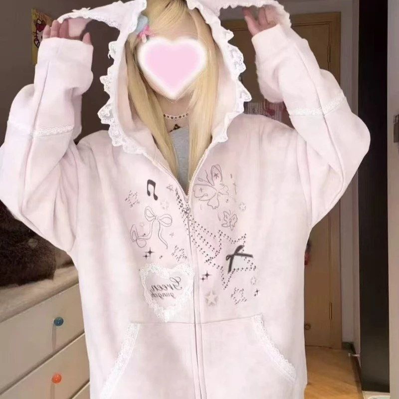 

Kawaii Lovely Long Sleeve Zipper Hooded Tops Women's Autumn Sweet Loose Print Hoodie Female Preppy Style Casual Cardigan Coat