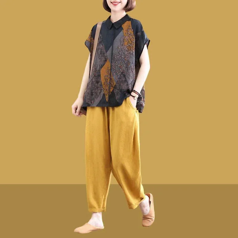 Set Celana Kasual Pop Kaus Kerah Polo Lengan Pendek Linen Katun Longgar dan Celana Harem Pakaian Wanita Set Dua Potong Fashion Korea