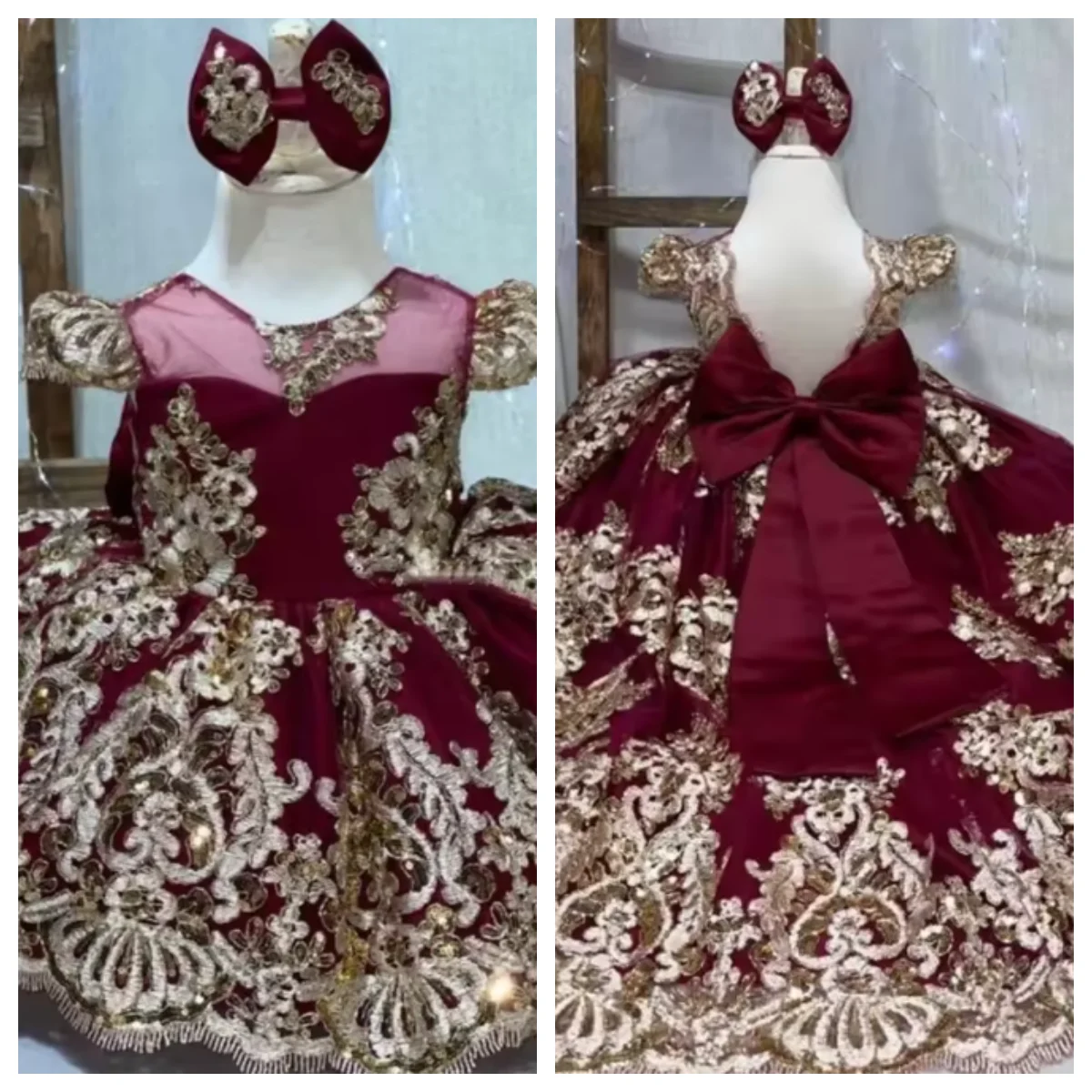 

Luxurious Blue Flower Girl Dress Wedding Dresses Satin Fluffy Gold Lace Applique With Long Train For Kid Birthday Party Gowns