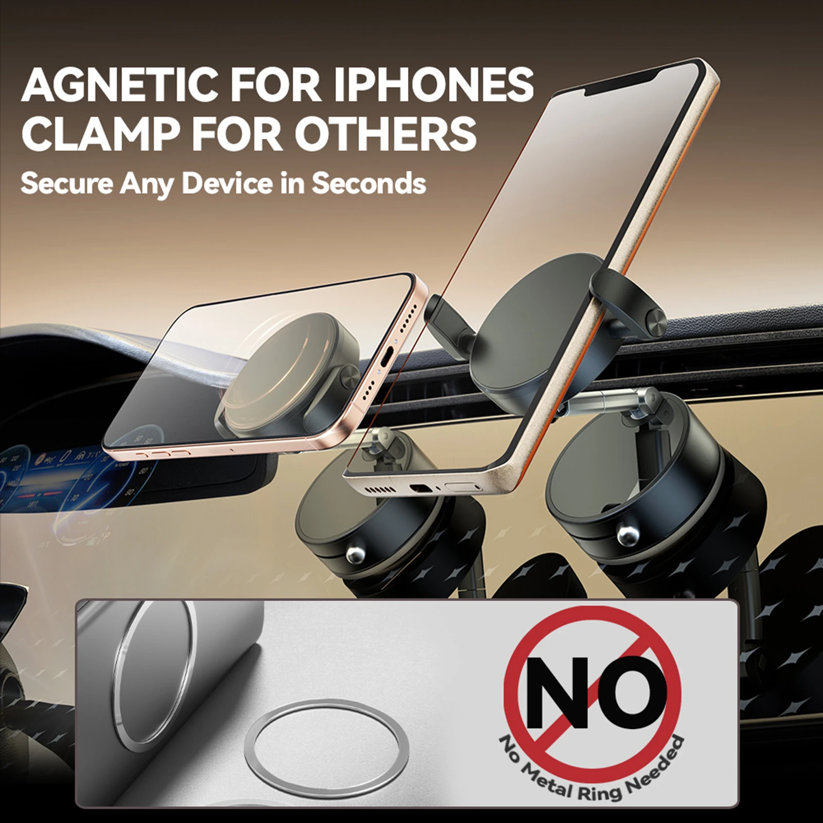 Vacuum Magnetic Phone Holder for iPhone 17 16 15 Pro Max Upgraded 360° Adjustable 2-in-1 Foldable Suction Cup Stand with Clamp