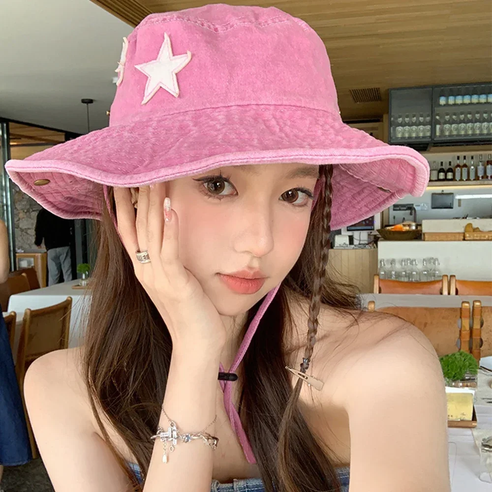 Y2K Punk Bucket Hats Women Cotton Pink Star Retro Big Brim Sun Protection Mountaineering Cap Spring And Summer Outdoor Men\'s Hat