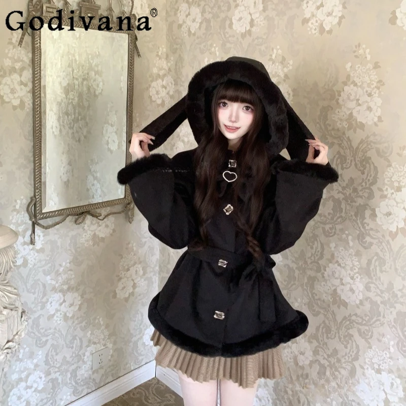 

Black Rabbit Sweet Cool Coats Girls Bunny Ear Faux Fur Fluffy Cotton Jacket Women's Winter Japanese Style Warm Lolita Coat