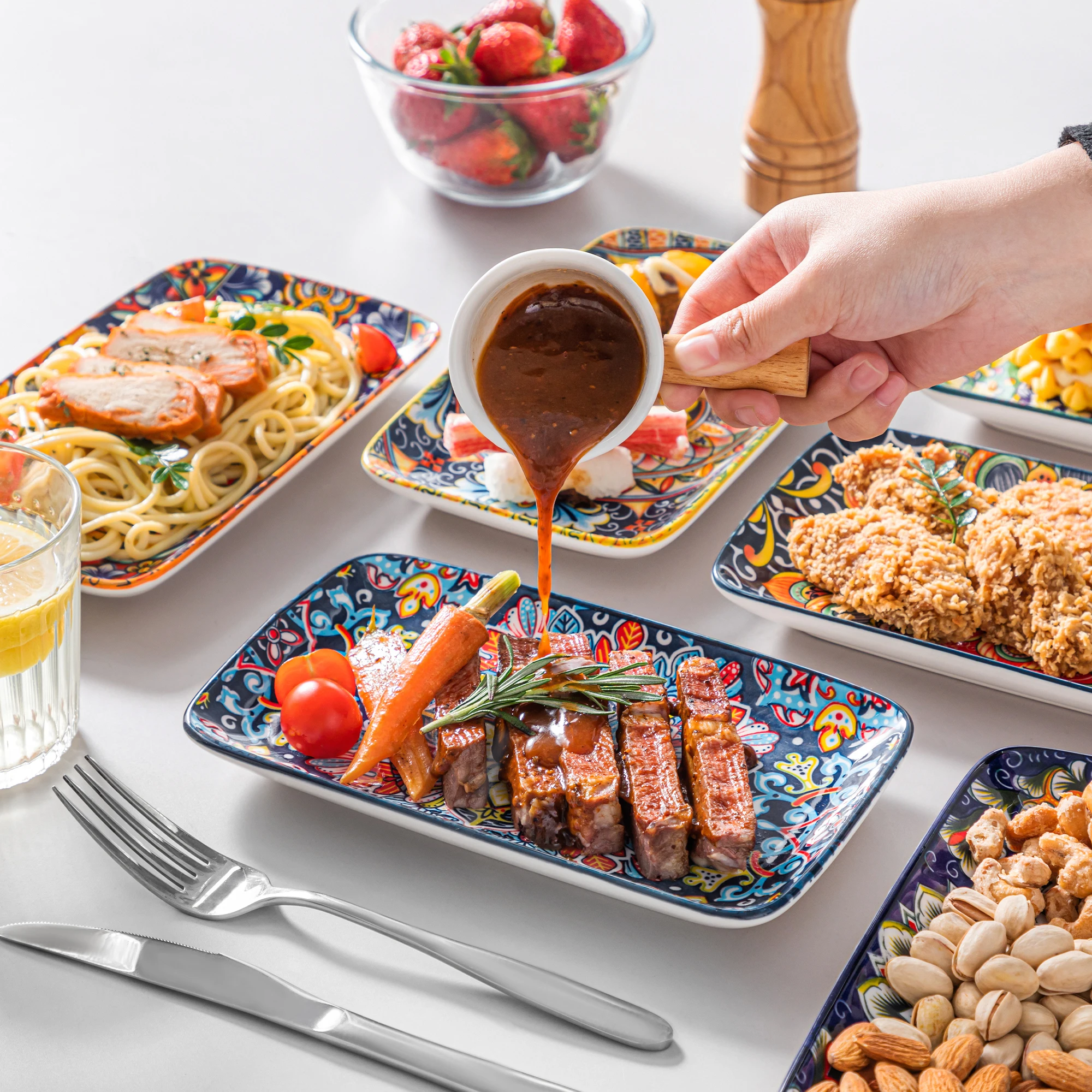 فانكاسو 6/12 قطعة أطباق تقديم مستطيلة من البورسلين بوهيمية 8.5 بوصة طقم أطباق عشاء لحم البقر/الطعام/المعكرونة/المعكرونة 6 أشخاص #6