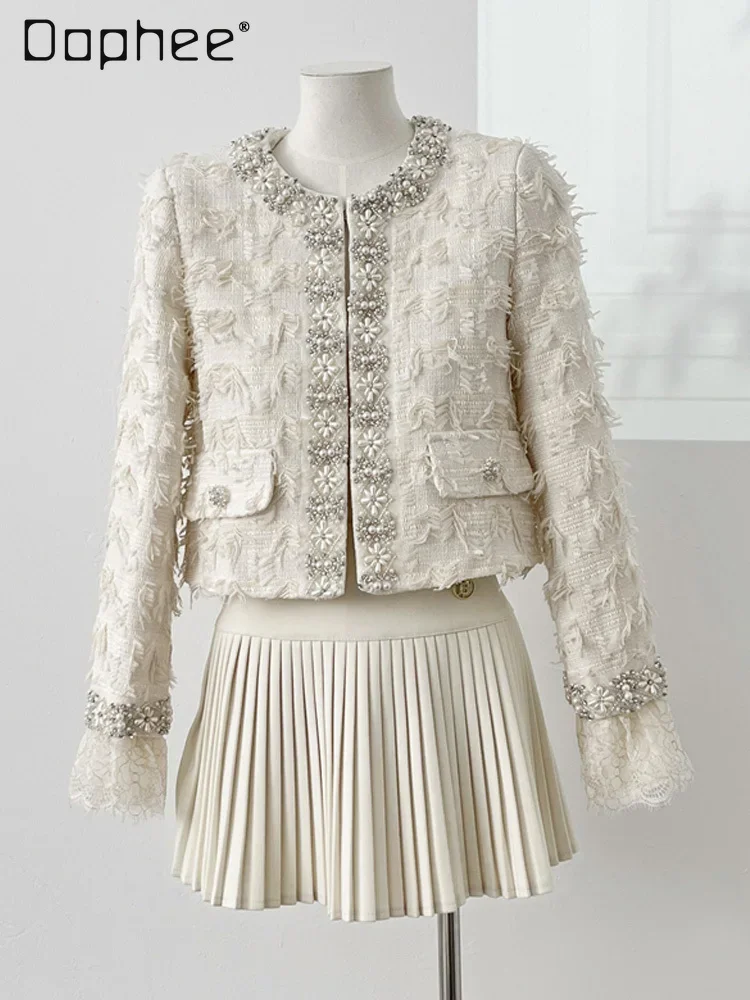 

Elegant Beading Short Jacket and High Waist Mini Pleated Skirt Two Piece Sets Round Collar Lace Patchwork Feather Cardigan