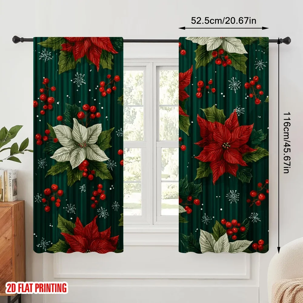 2pcs,2D plane printing Window Curtain Red Poinsettias_ Holly_ Snowflakes & Ornaments Versatile Polyester (without rod) Room