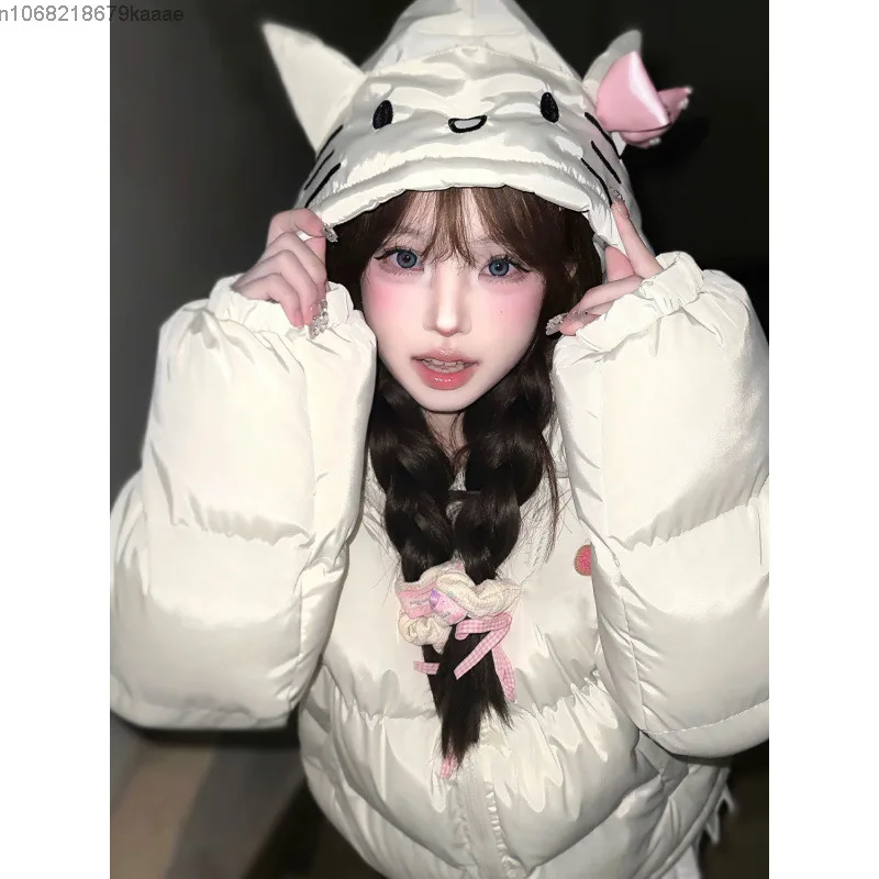 Sanrio Hello Kitty Sweet Cute Embroidered Cotton Coat For Women Winter New Trendy Casual Versatile Jacket Thick Warm Hooded Coat