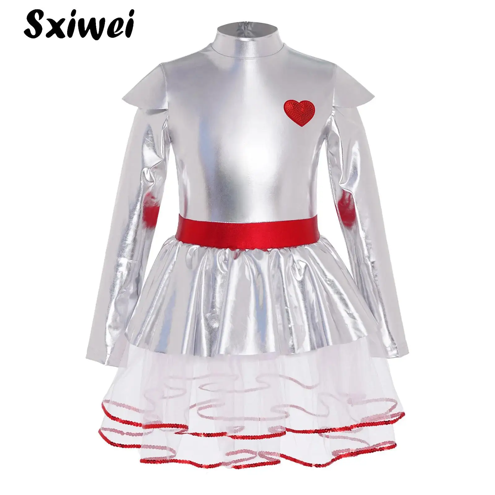 Girls Metallic Shiny Tutu Dress Long Sleeves Tulle Skirt Ballet Dance Leotard Dress for Halloween Fairy Princess Fancy Dress Up