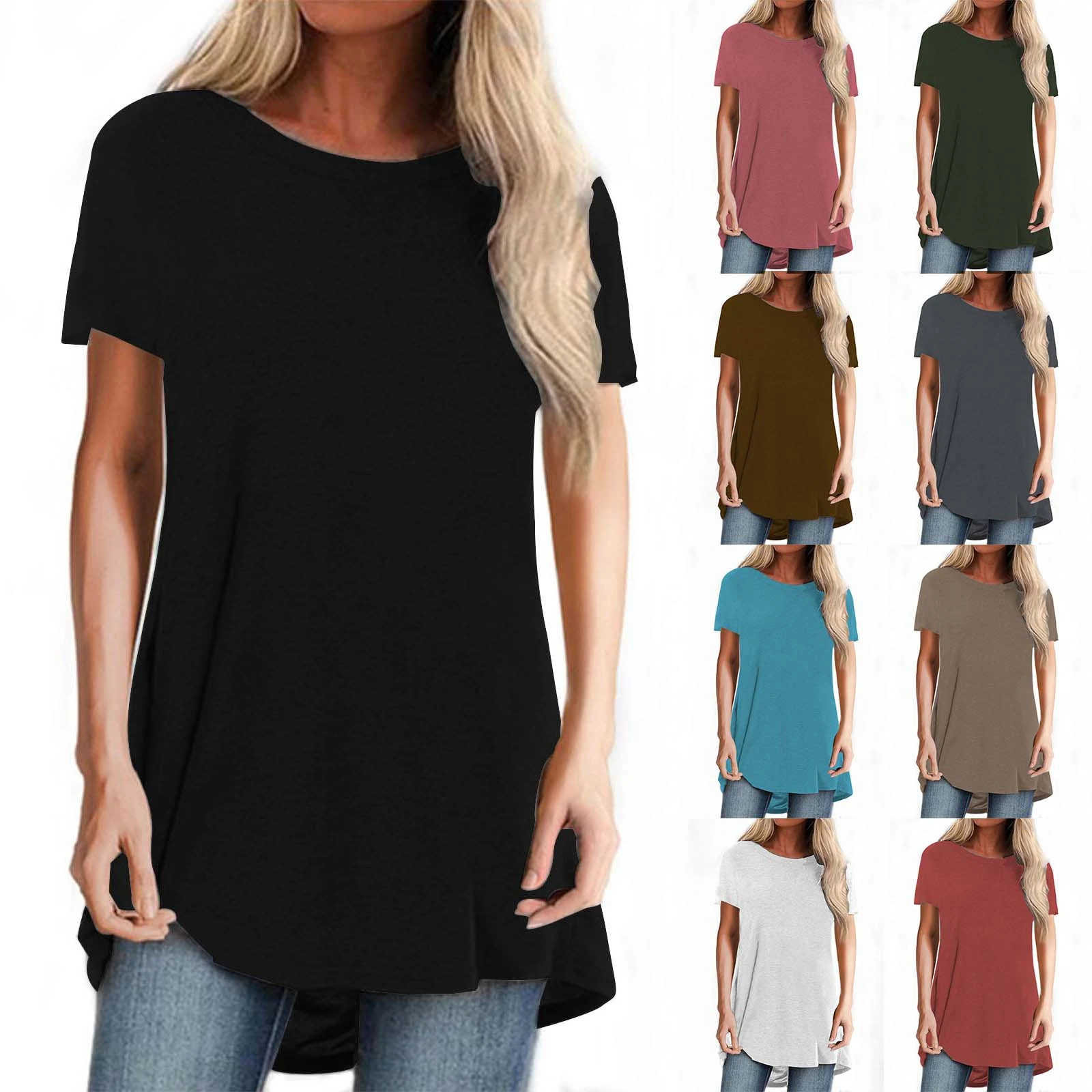 Plus Size 2024 New Women\'s Tunic Soild Fashion Long Shirts Round Neck Short Sleeve Casual Blouses Summer Women Clothing Blouse