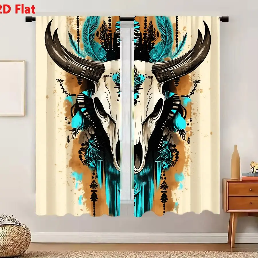 2Pcs Curtains Add 2D Flat Stylized Native American Inspired Bull Skull With Turquoise Feathers And Tribal Patterns On Beige Back