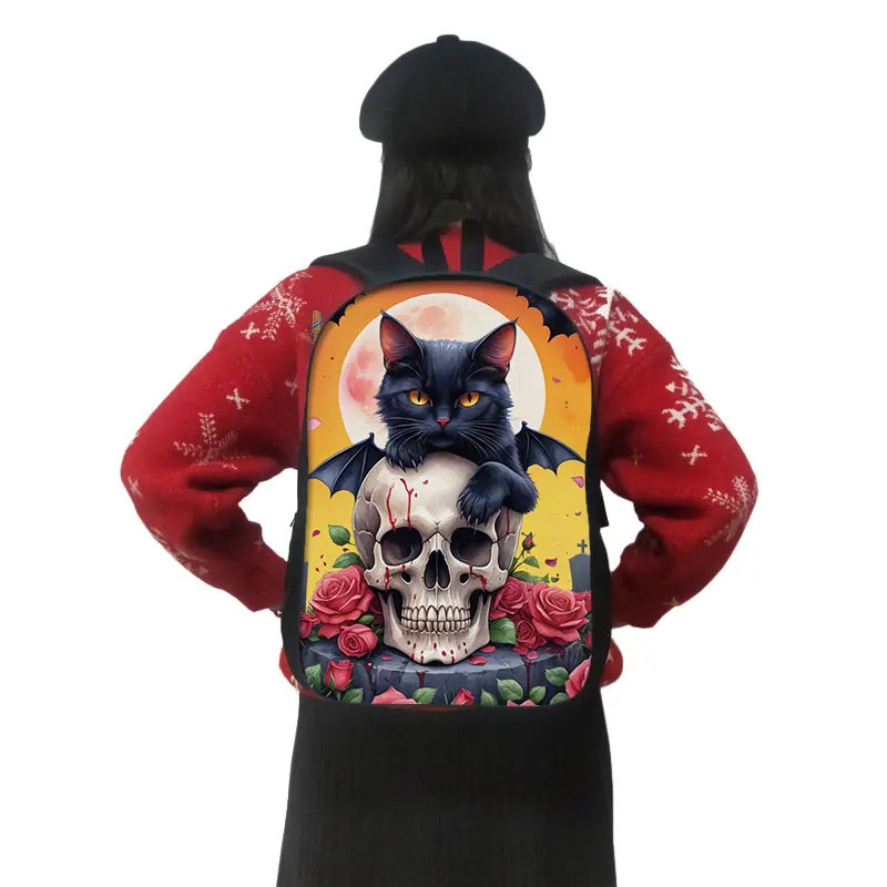 Fantasy Magic Cat Pattern Backpack Black Cat and Roses Women Rucksack Witch Kitten Casual Daypack School Bags for Teens Bookbag