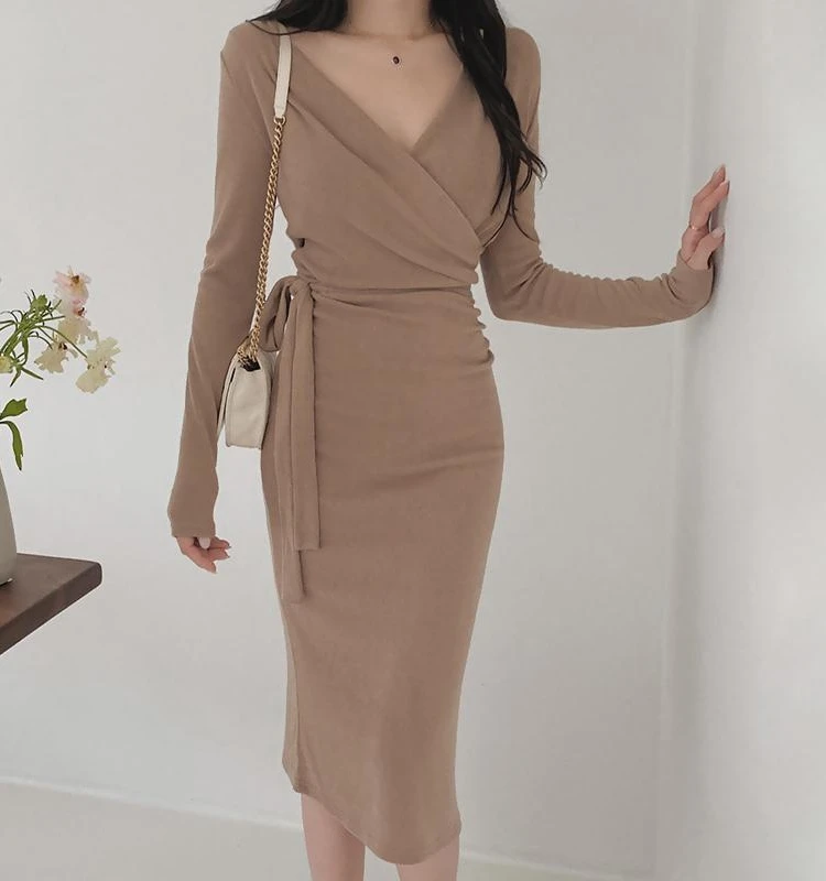Coréen Sle v-ne Long Sve Dr femmes minceur a-ligne Midi Dr automne hiver pur désir taille pliée longue Dr
